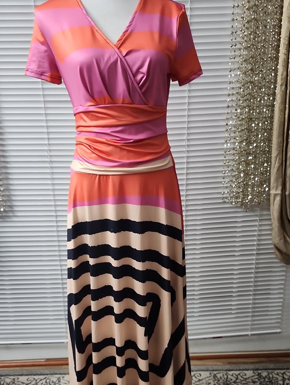 Striped Colorblock V-Neck Maxi Skirt Dress in Coral, Pink & Black